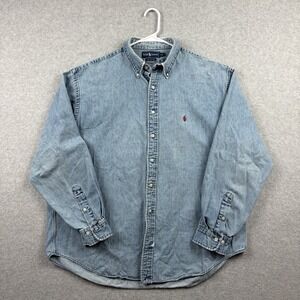 Vintage Ralph Lauren Shirt Mens XXL 2XL Blue Denim Distressed Button Down 90s